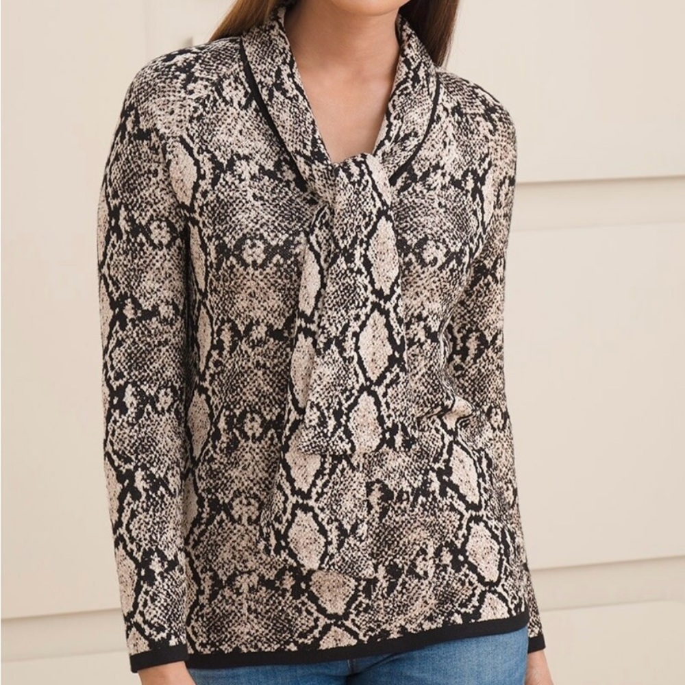 Chico's Double Espresso Python-Print Tie Neck Sweater Size Medium, Chico's 1 - Picture 3 of 14